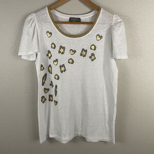 WYSE London Women Size 1 (size 4) 100% Linen White T With Gold Trim And Pattern